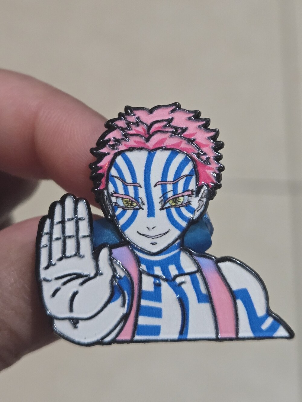 Anime Demon Slayer: Kimetsu no Yaiba Akaza Enamel Pin with Blue Stripe Face